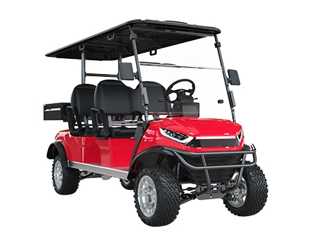 red lifted golf cart with cargo